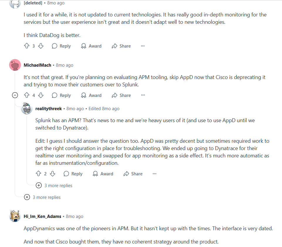 A Reddit thread where users are discussing Splunk AppDynamics issues