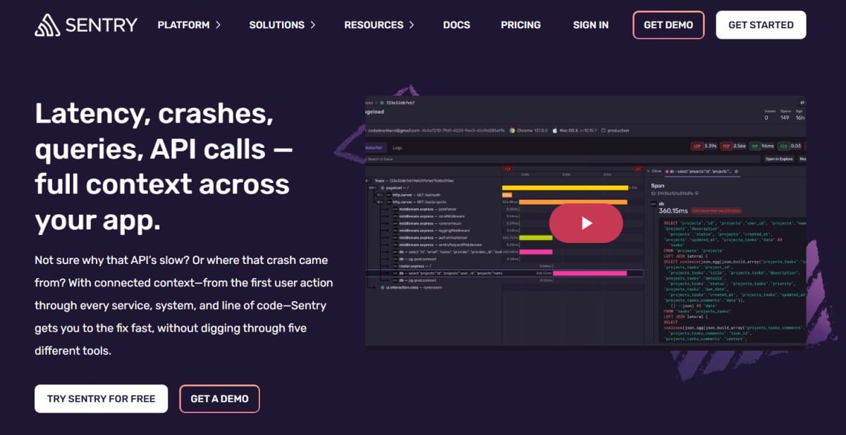 Distributed tracing by Sentry