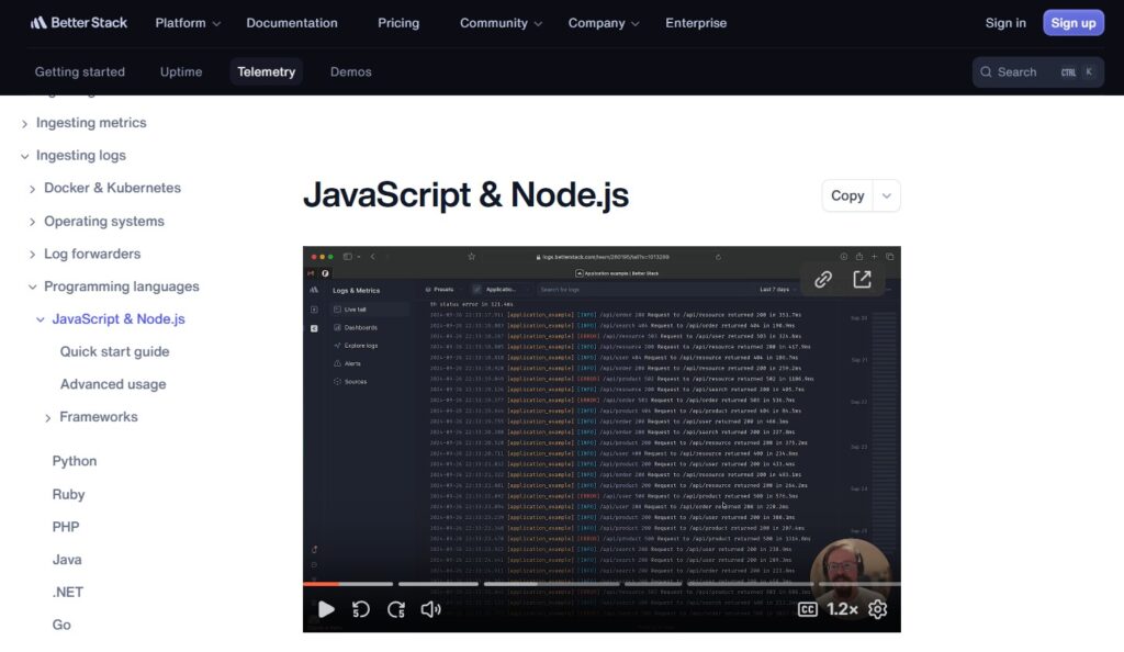 JS monitoring better stack