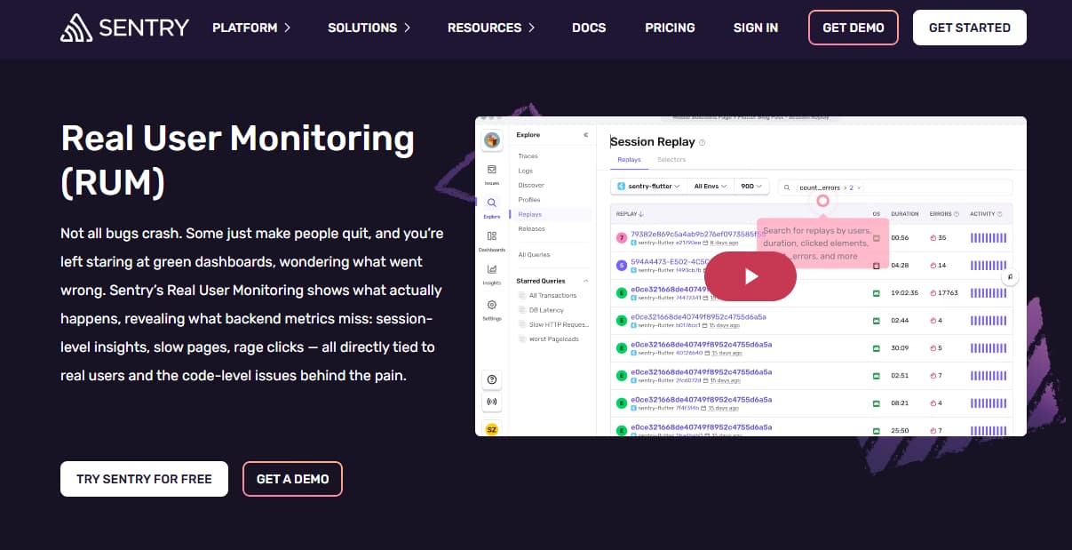 sentry real user monitoring tool