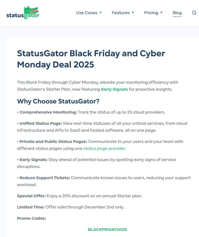 statusgator - black friday deals