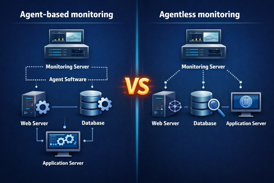 A diagram showing the difference between agent-based and agentless monitoring 