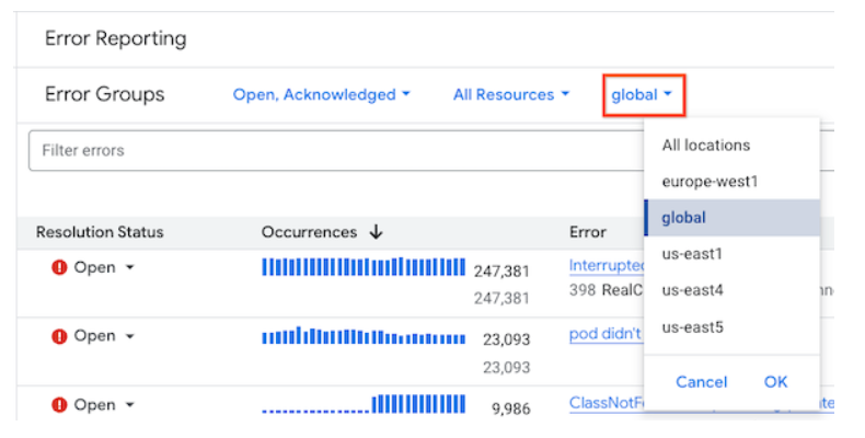error reporting by google cloud